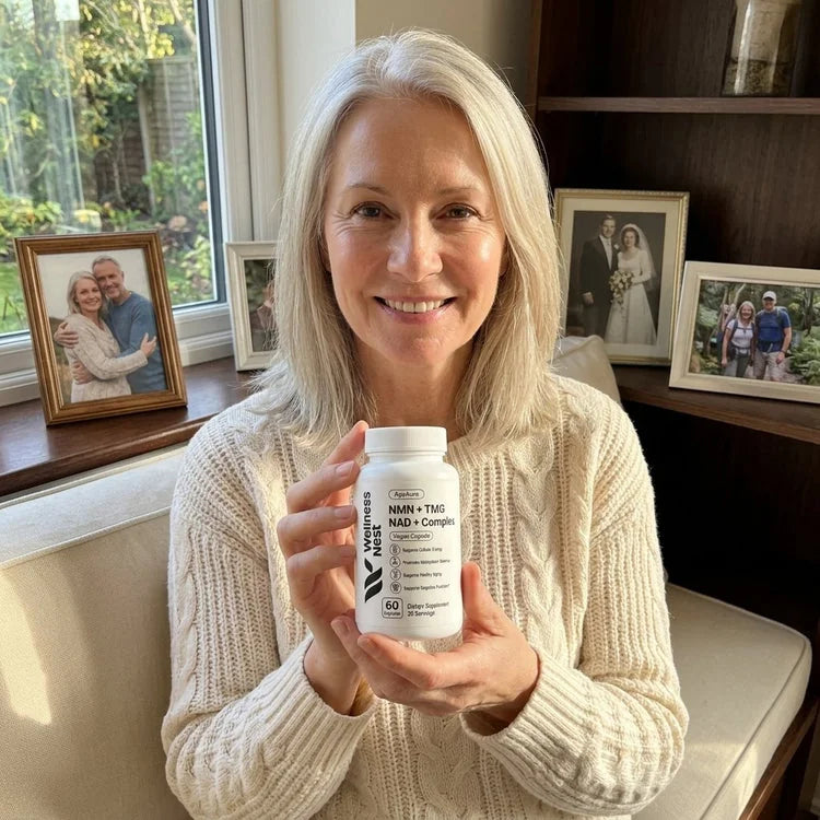 A woman in a cream sweater holding AgeAura