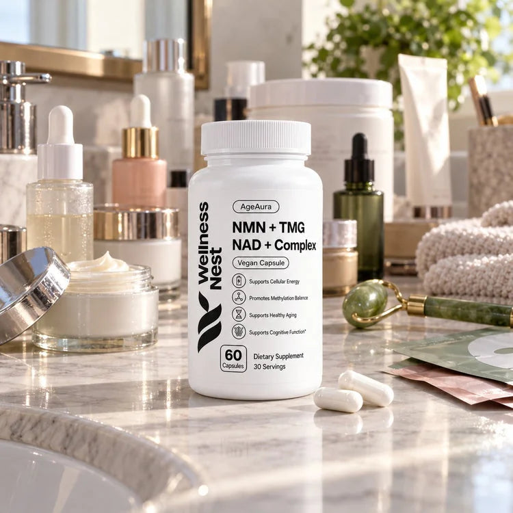 AgeAura bottle among skincare jars on a bathroom vanity