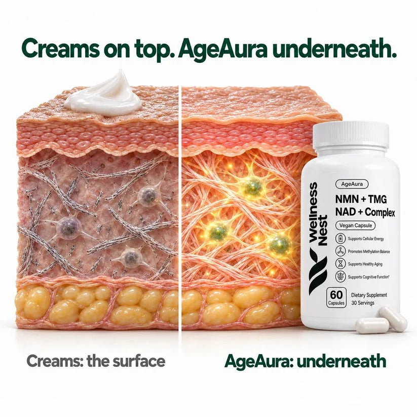 Creams on top, AgeAura underneath: an illustration of skin layers