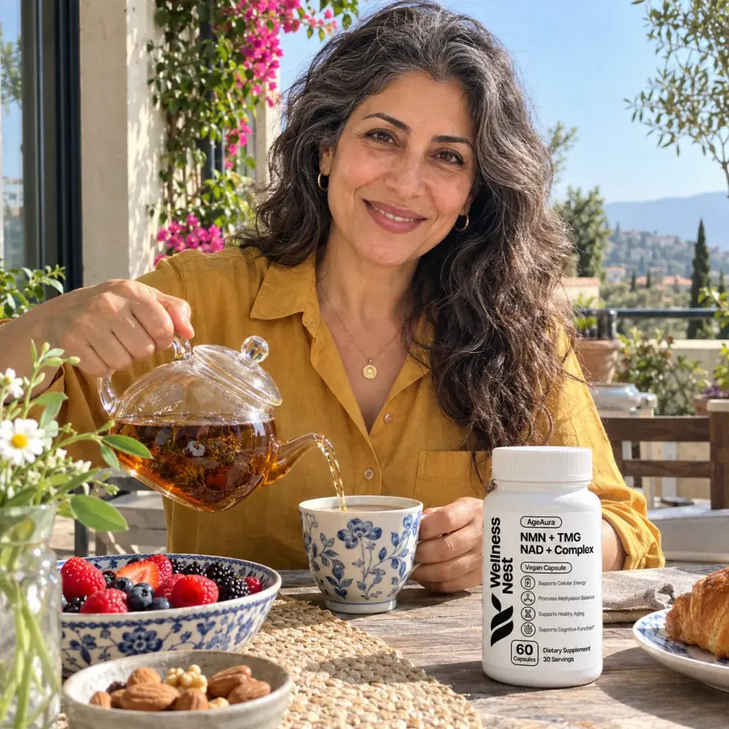 A woman pouring tea on a sunny terrace, a bottle of AgeAura beside her cup