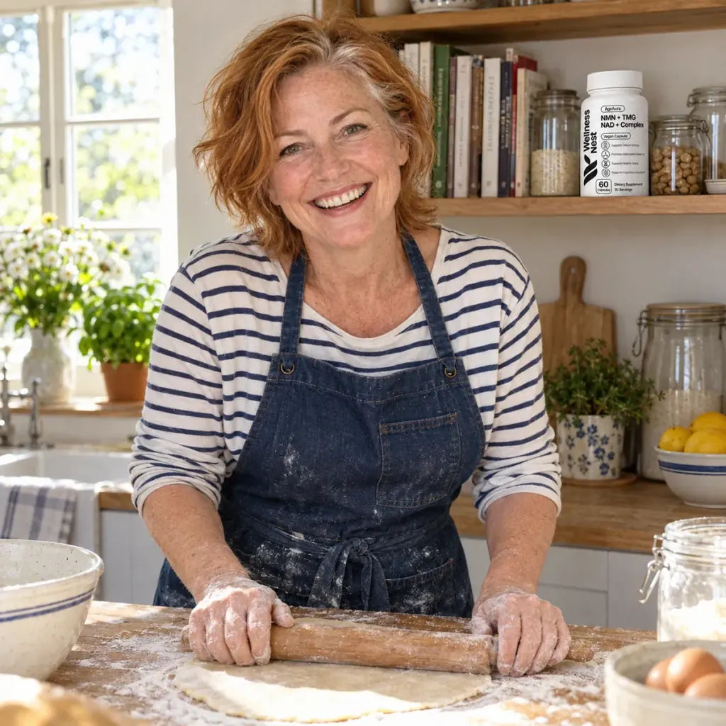 A woman rolling out dough in her kitchen, a bottle of AgeAura on the shelf behind her