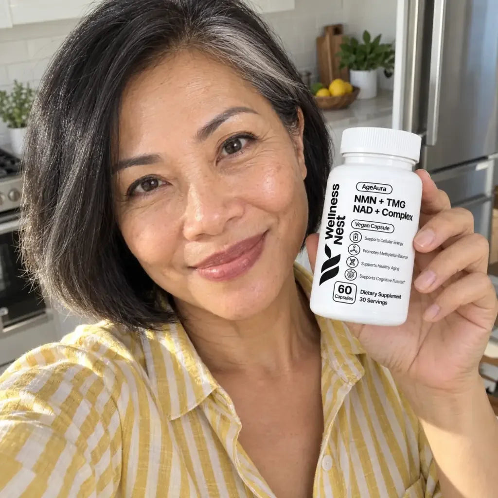 A smiling woman holding a bottle of AgeAura