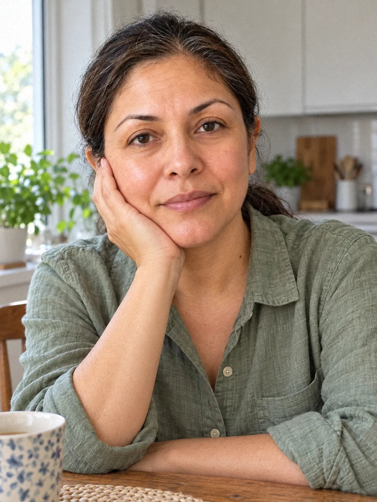 A woman resting her face on her hand