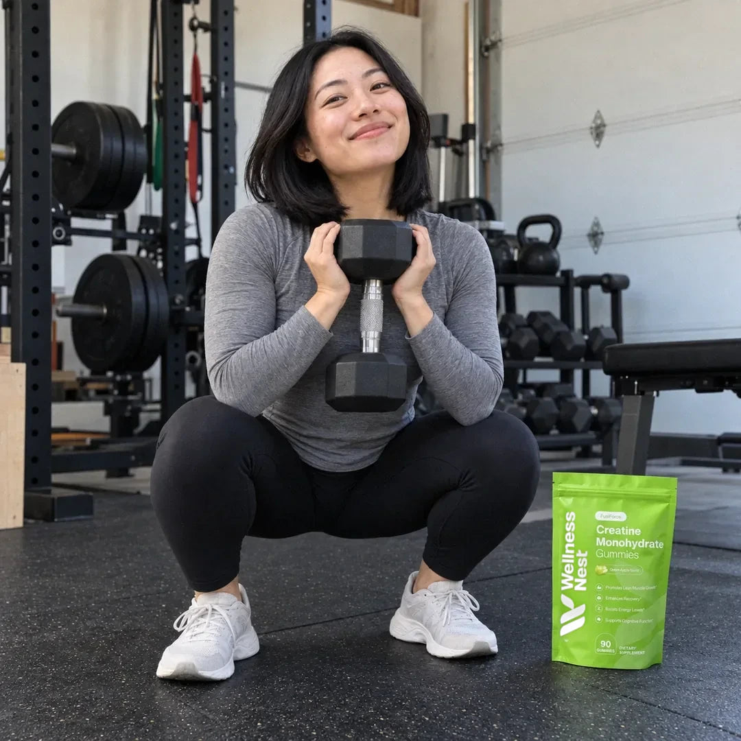 Patricia Carter, standing with a kettlebell at her side in a home gym corner, surprised and pleased, the pouch by her foot (illustrative)