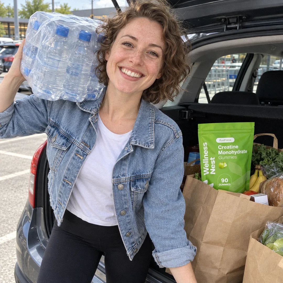 Emma L., lifting a pack of water onto her shoulder at the open boot of her car, the pouch among the bags (illustrative)