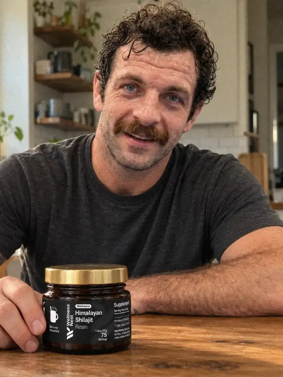 Mike Moretti, co-founder of Wellness Nest, smiling at his kitchen table with the ShilaSource jar beside his hand