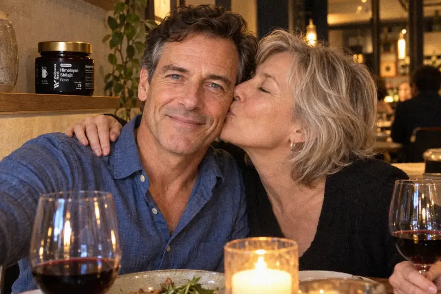 The same man two years later at a restaurant table, laughing, his wife kissing his cheek, the ShilaSource jar on the shelf behind them