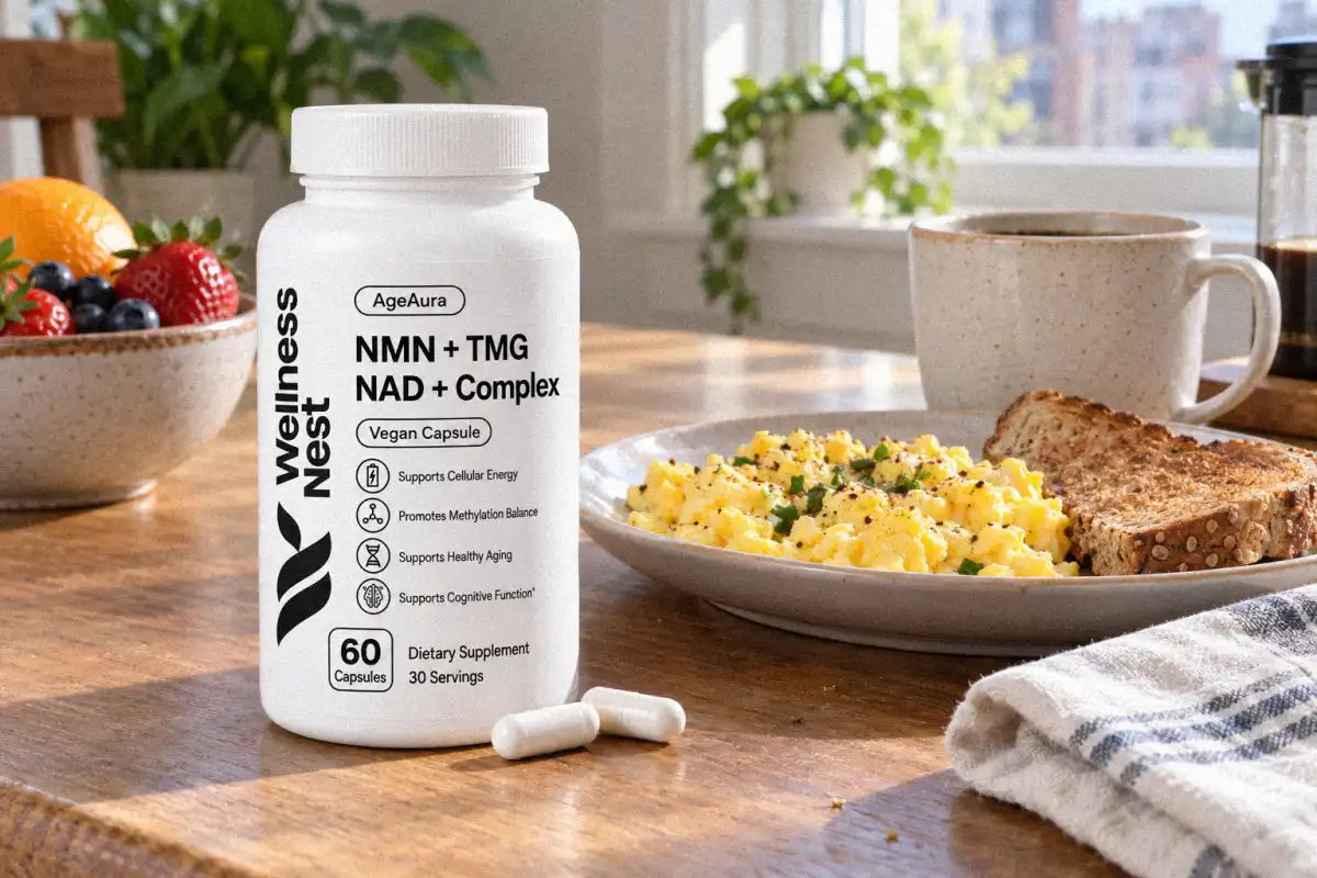 AgeAura Pure NMN + TMG NAD+ Complex bottle with two capsules on a breakfast table beside eggs, toast and coffee