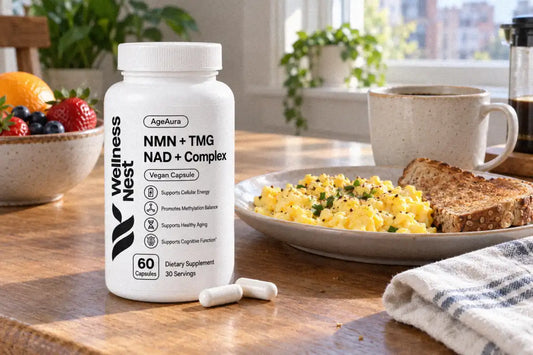 AgeAura Pure NMN + TMG NAD+ Complex bottle with two capsules on a breakfast table beside eggs, toast and coffee