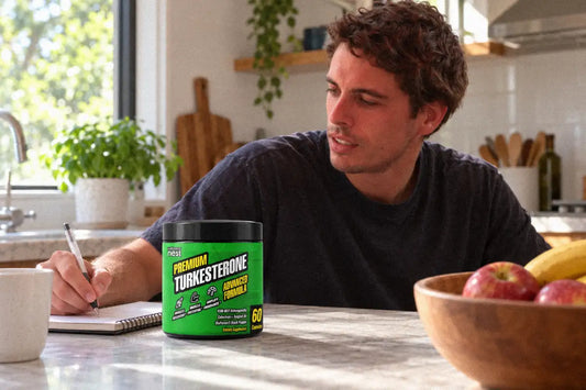 Over-shoulder adult checking a Turkesterone Advanced Formula jar on a kitchen counter