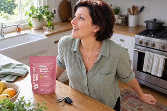 FloraFresh dusty-pink vaginal probiotic gummies pouch on a kitchen counter beside a woman, label facing the camera