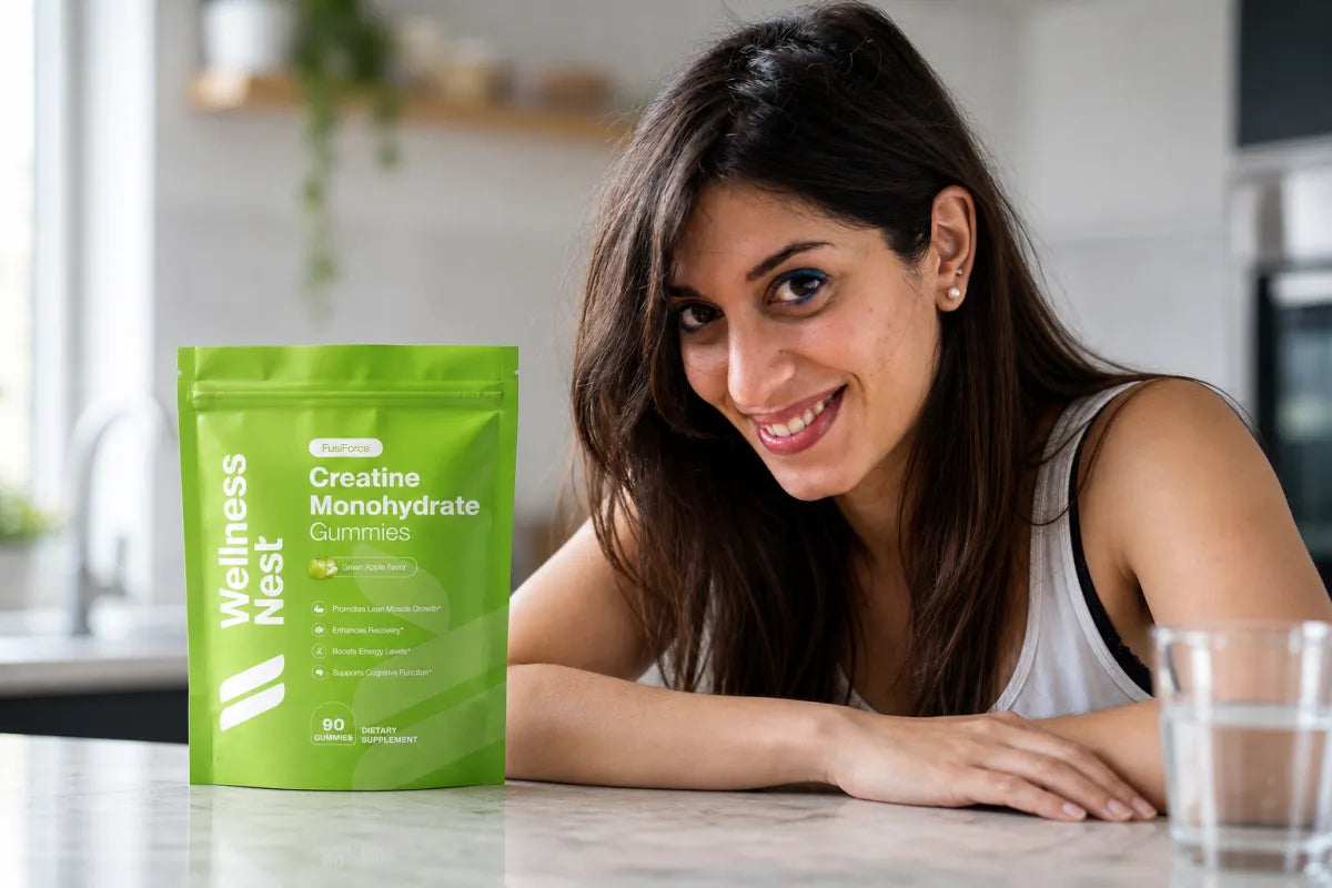 Woman in her early 30s at a kitchen counter with a green Wellness Nest FusiForce creatine gummies pouch, label facing the camera