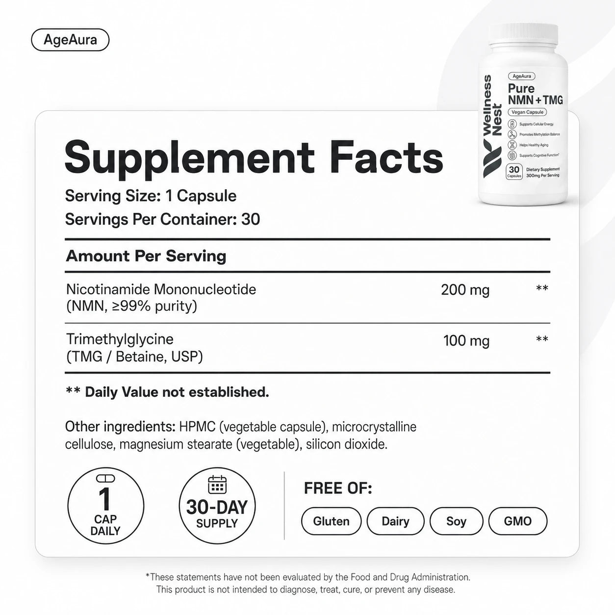 AgeAura Pure NMN + TMG supplement facts
