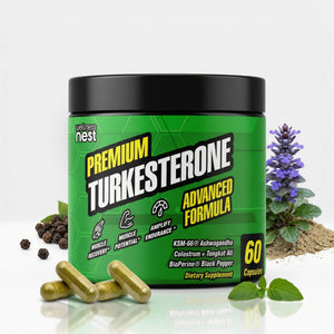 Green supplement container labeled 'Turkesterone' with capsules and herbs on a white background