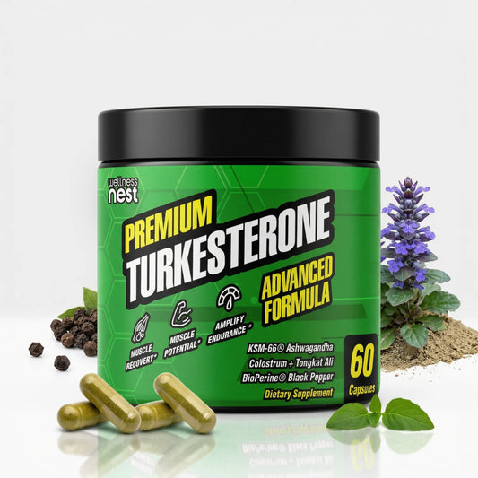 Green supplement container labeled 'Turkesterone' with capsules and herbs on a white background