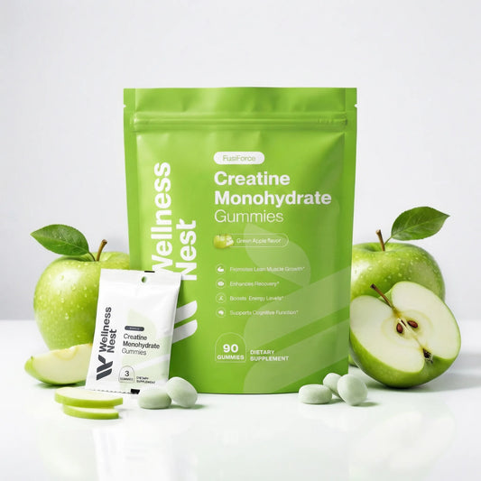 FusiForce creatine monohydrate gummies green apple flavor in a resealable 90-gummy pouch with a 3-gummy sample sachet and fresh green apples