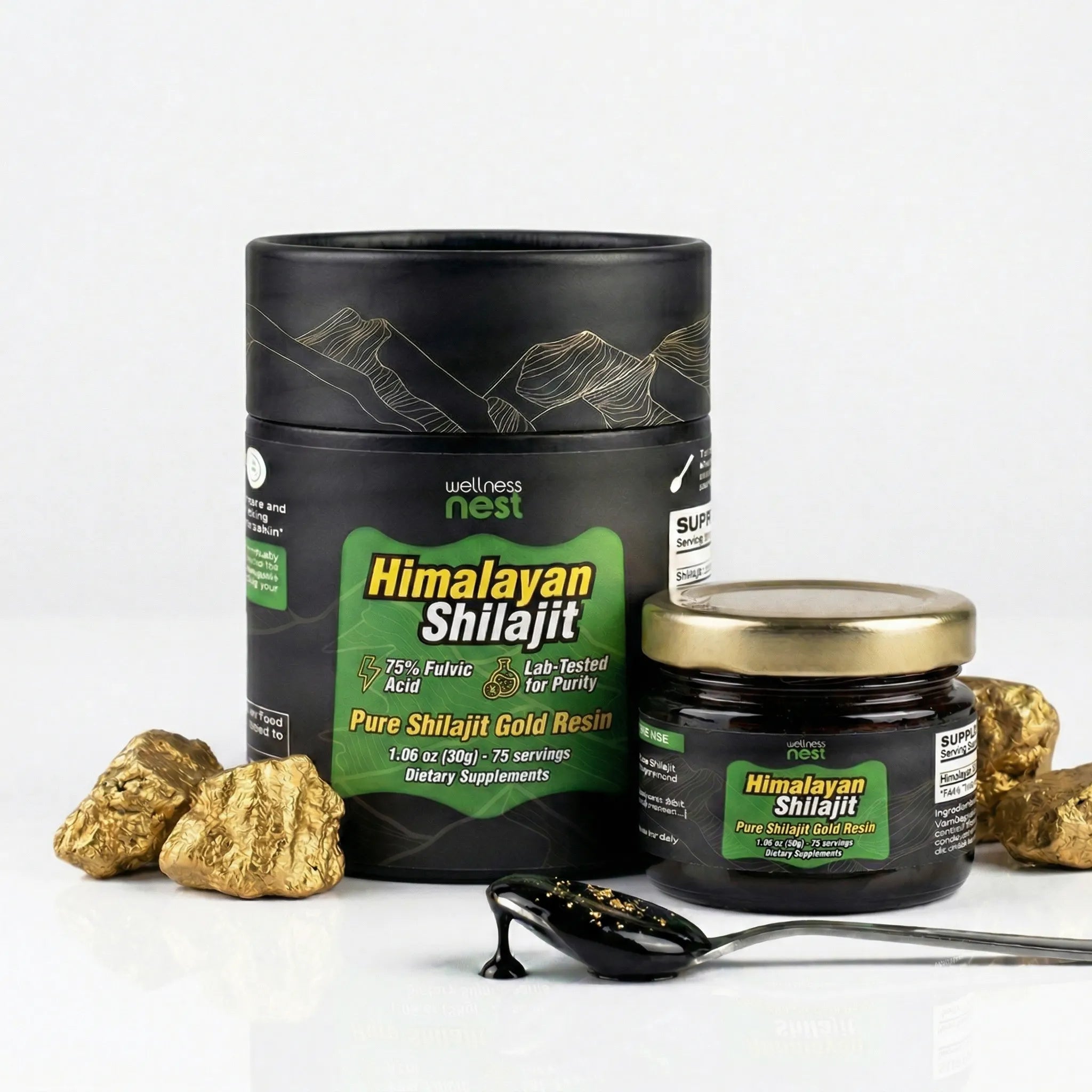 Himalayan Shilajit product with packaging on a white background