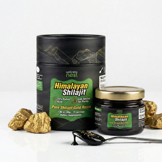Himalayan Shilajit product with packaging on a white background