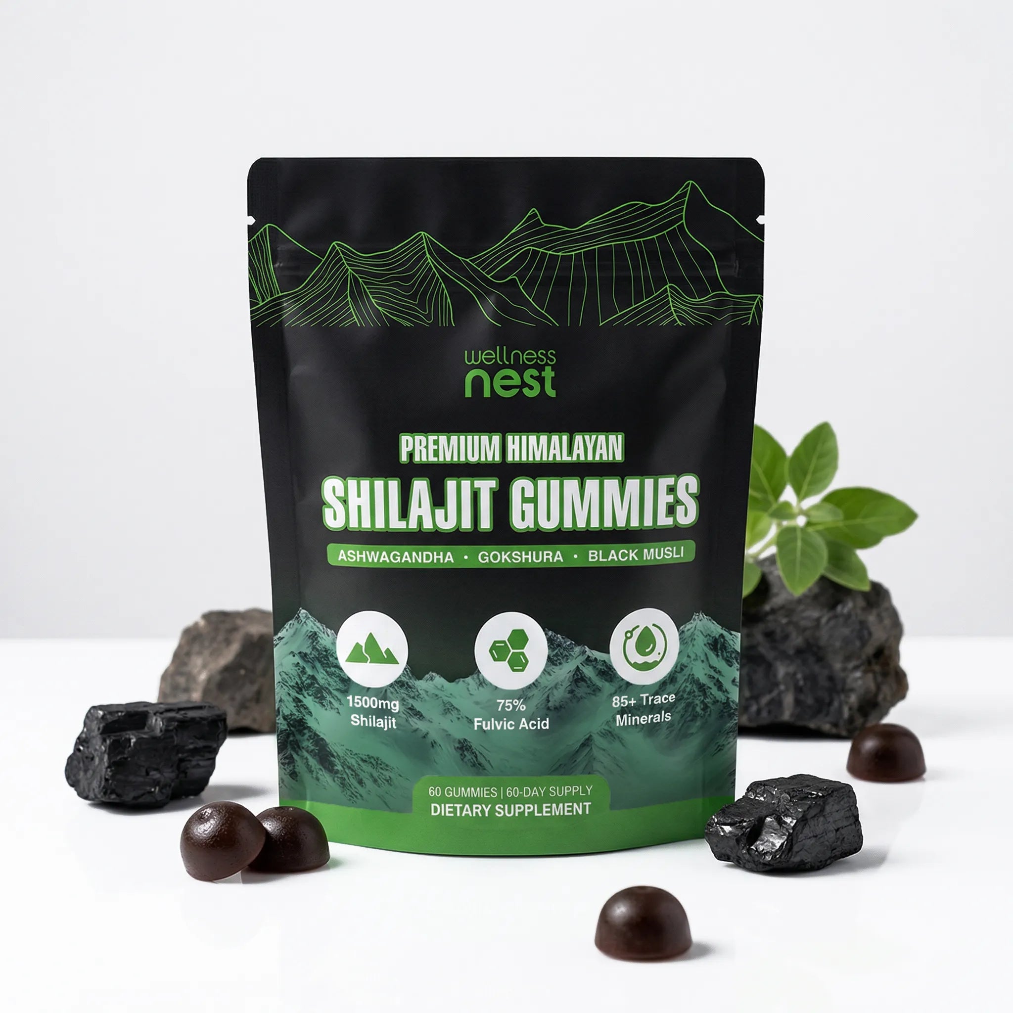 Packaging of Wellness Nest Premium Himalayan Shilajit Gummies with natural elements in the background.