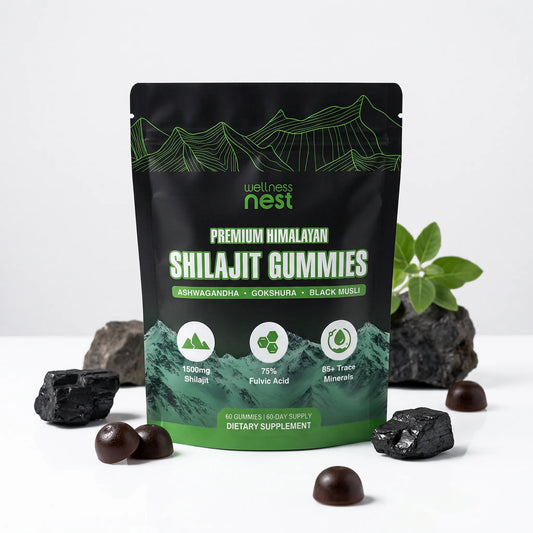 Packaging of Wellness Nest Premium Himalayan Shilajit Gummies with natural elements in the background.