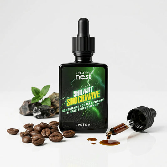 Wellness Nest Shilajit Shockwave supplement bottle with dropper on a white background