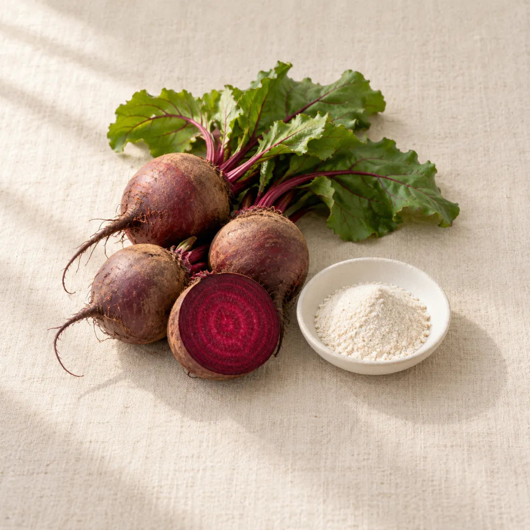 TMG: off-white granules in a small dish beside red beetroots (illustration)