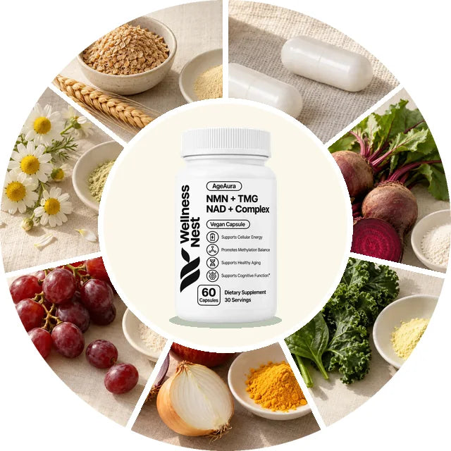 The whole formula: the seven sources around the AgeAura bottle