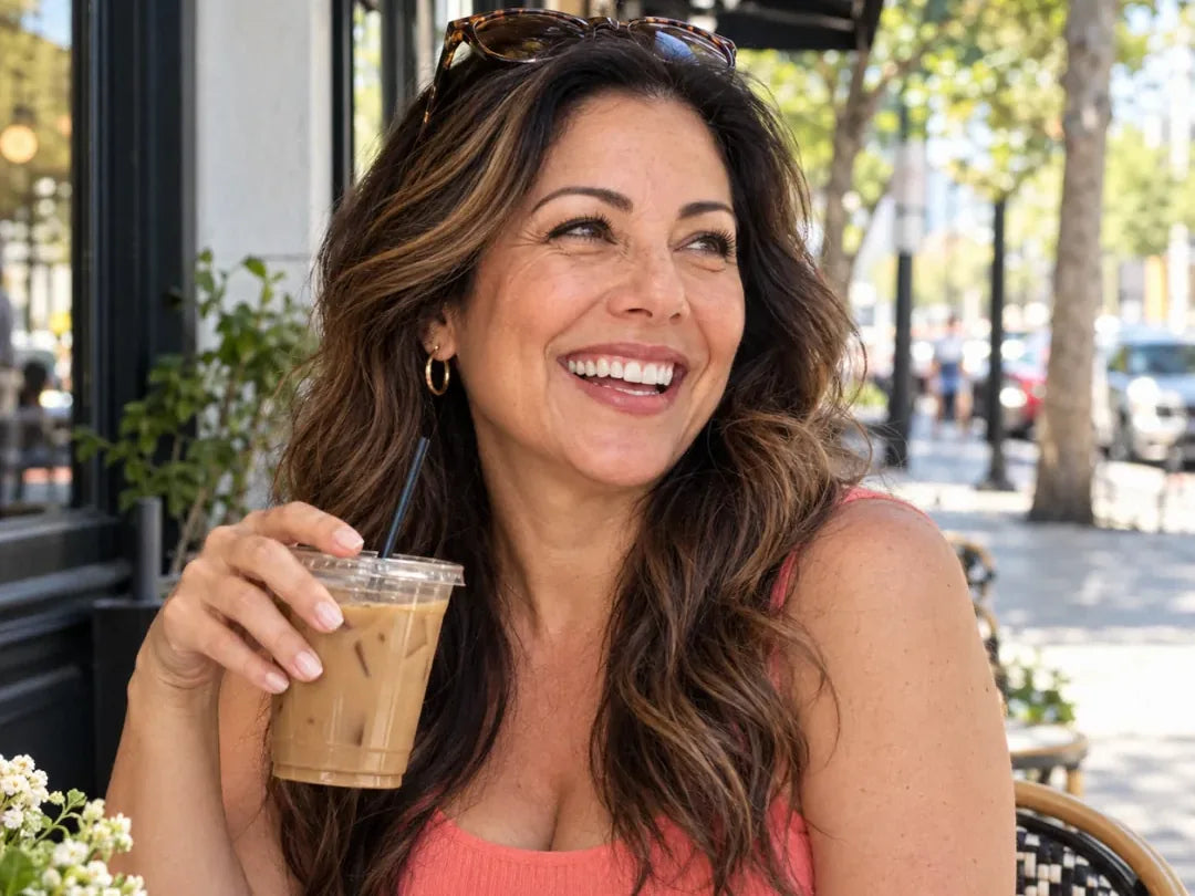 Marisol: a woman laughing at a cafe table with an iced coffee