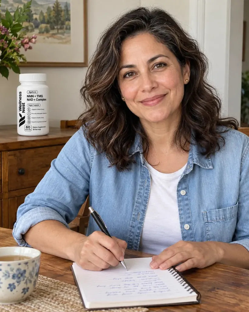 A woman at her dining table writing her questions in a notepad, a bottle of AgeAura on the sideboard behind her