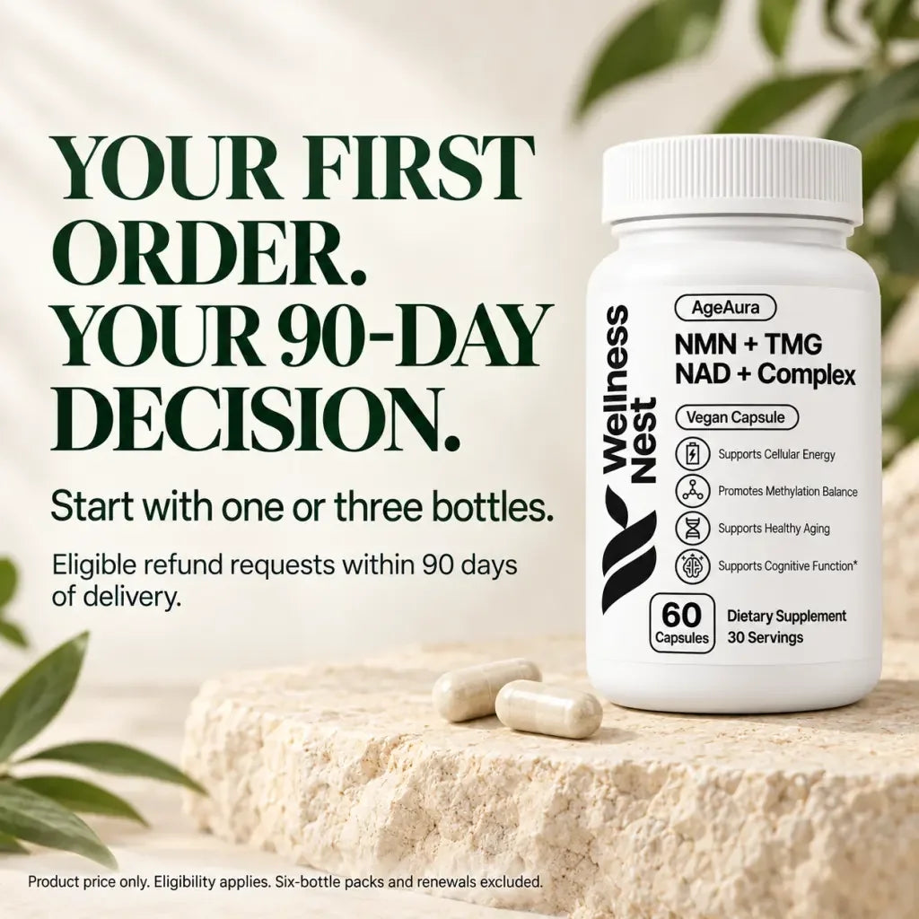 Your first order, your 90-day decision, beside an AgeAura bottle