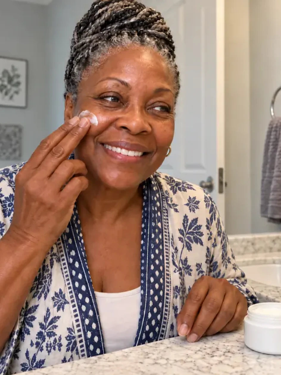 A woman applying face cream at her bathroom vanity