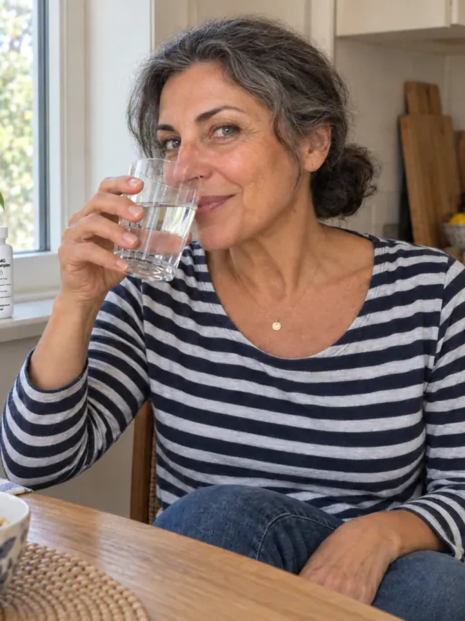 A woman drinking a glass of water in her kitchen