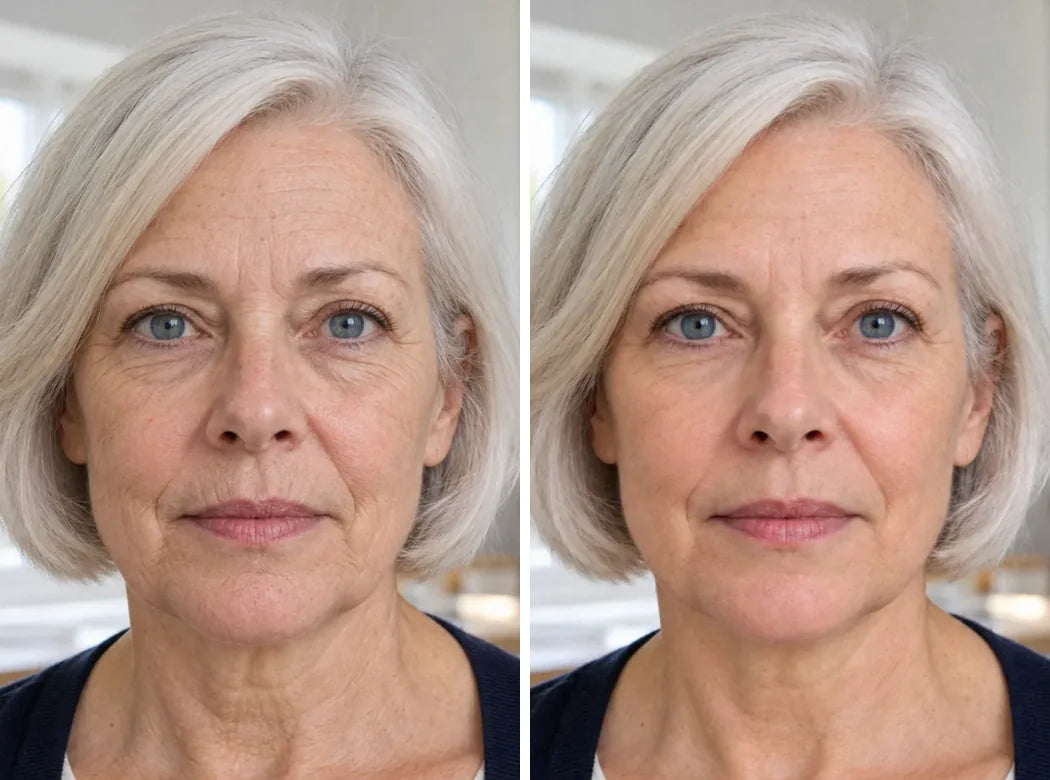 Before and after: a woman in her sixties, in her kitchen, tired and duller on the left, firmer and glowing on the right
