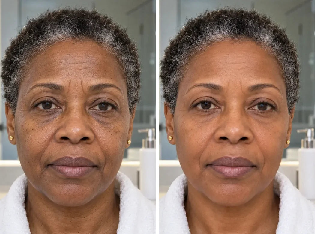 Before and after: a woman in her fifties, at her bathroom vanity, tired and duller on the left, firmer and glowing on the right