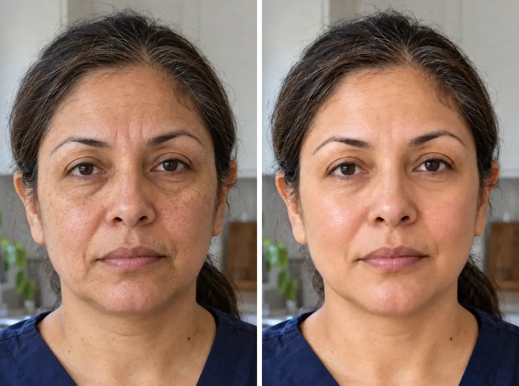 Before and after: a woman in her fifties, in her kitchen after a night shift, tired and duller on the left, firmer and glowing on the right