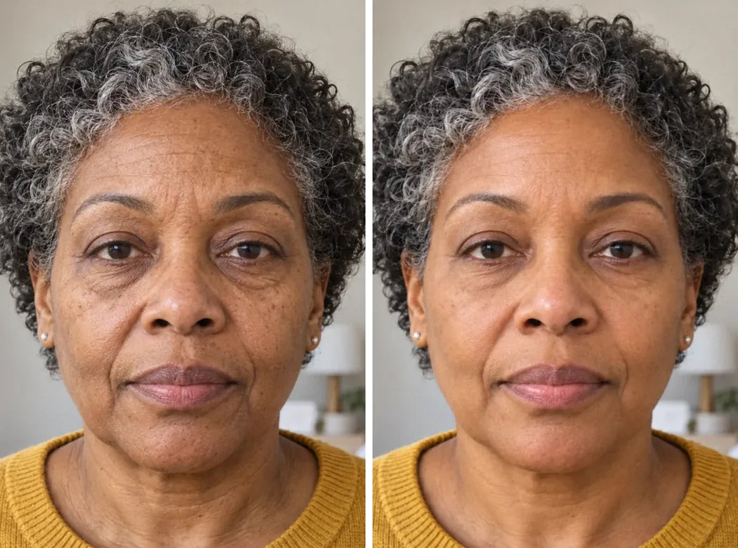Before and after: a woman in her fifties, by her bedroom window, tired and duller on the left, firmer and glowing on the right