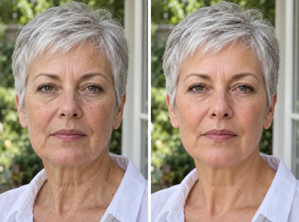 Before and after: a woman in her sixties, in a garden doorway, tired and duller on the left, firmer and glowing on the right