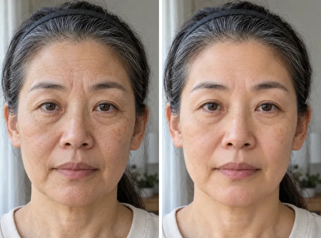Before and after: a woman in her fifties, by her bedroom window, tired and duller on the left, firmer and glowing on the right