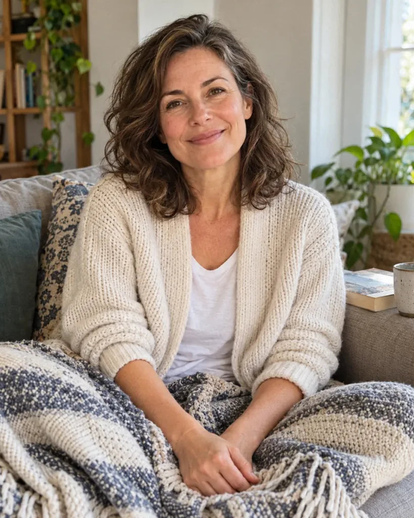 Claire: a woman relaxing on a sofa by a window with a mug and a book