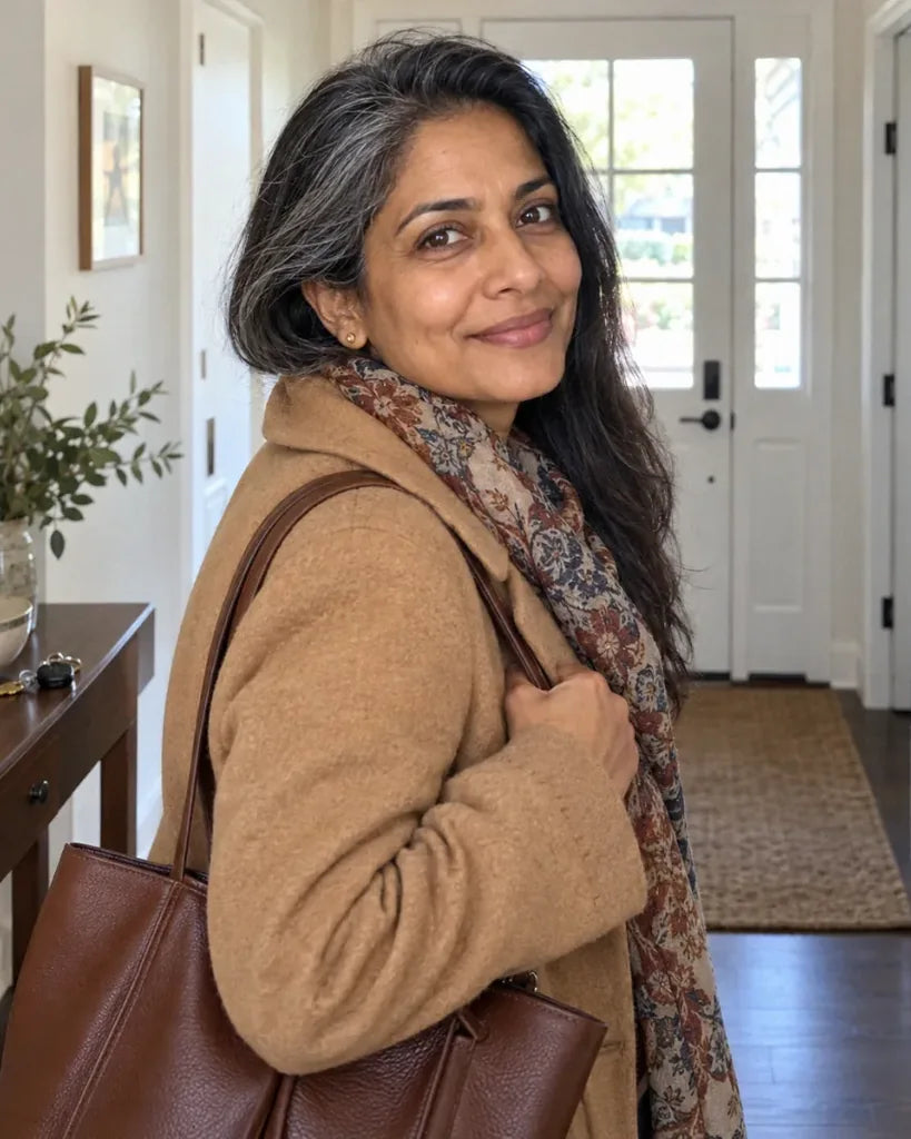 Priya: a woman putting on her coat in her hallway on a weekday morning