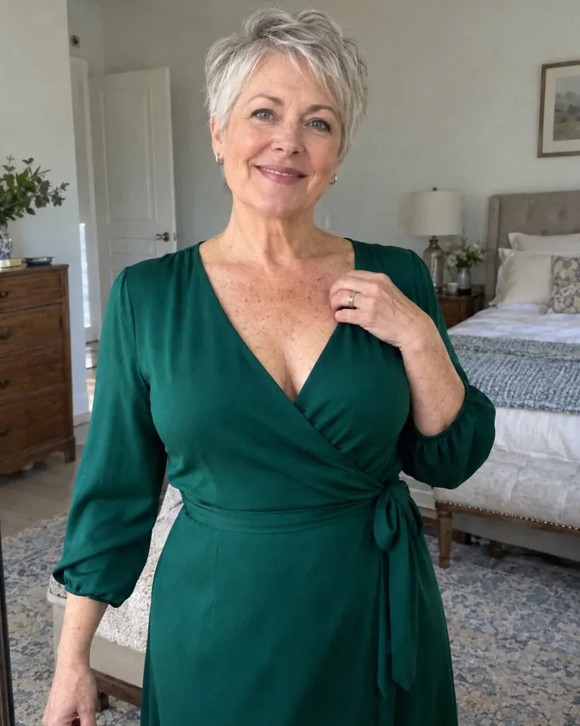 Linda P.: a woman in a new wrap dress smoothing the neckline at her wardrobe mirror