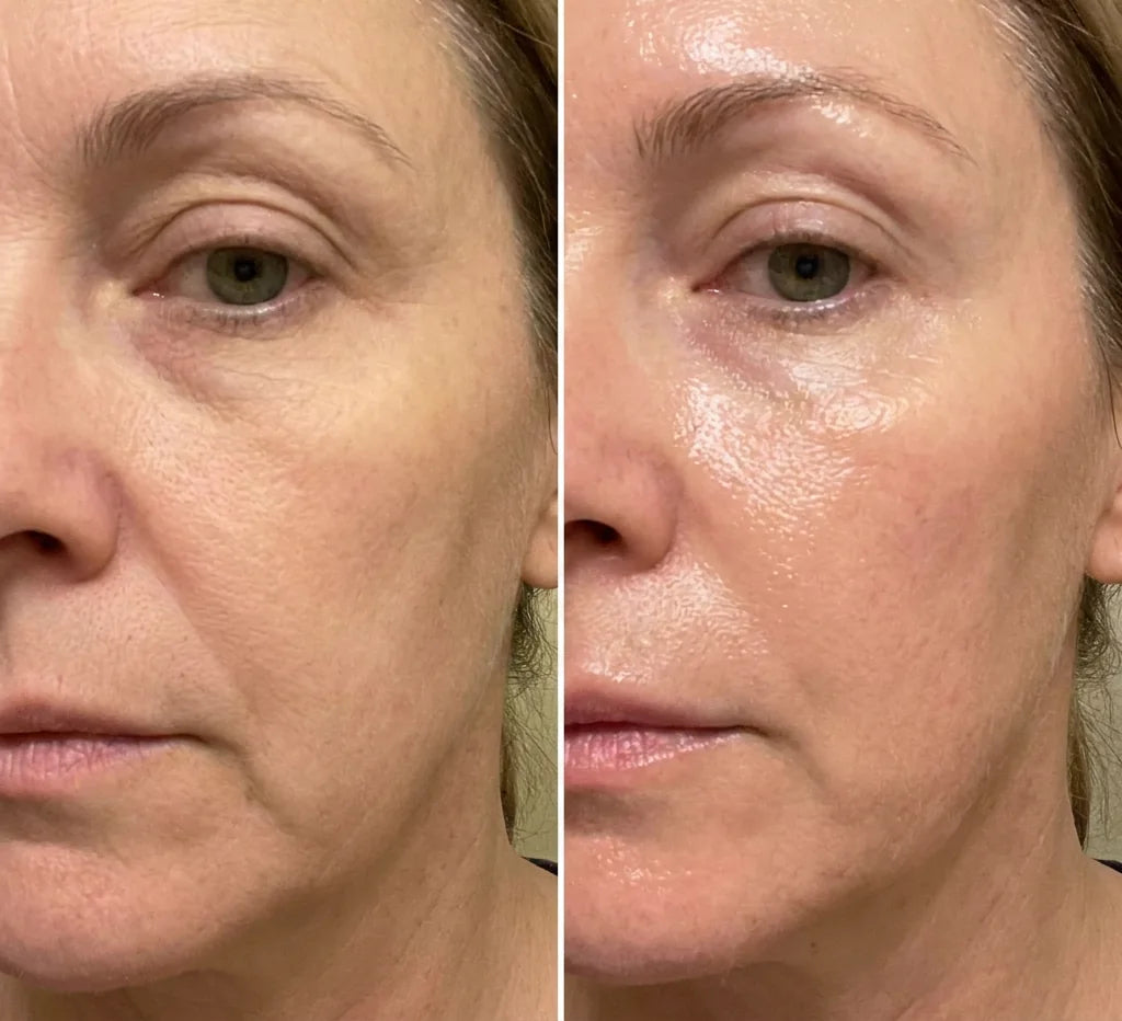 Denise M.: a close view of the skin under the eye and the cheek twice, smoother in the second