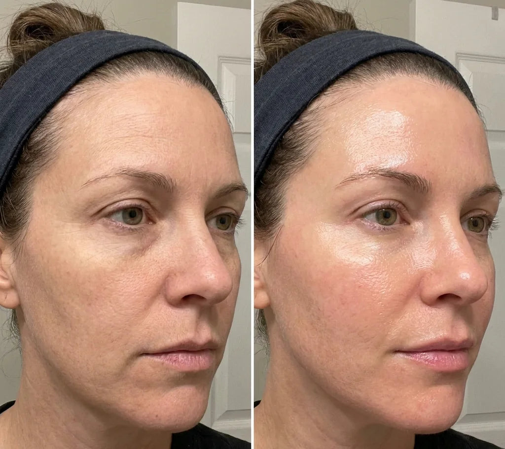 Carol S.: a close angled selfie of a woman in a headband twice, her jaw and cheek firmer in the second