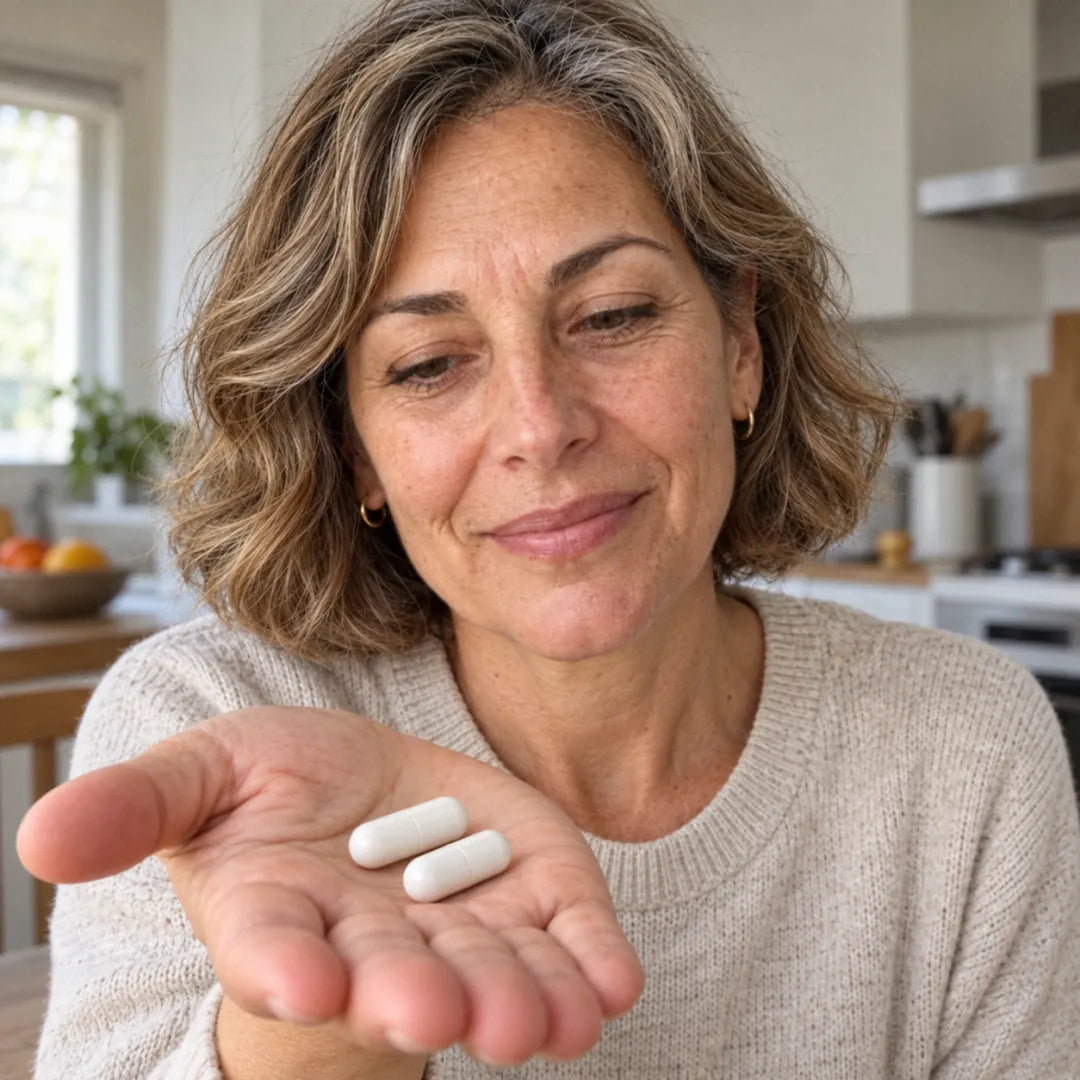 A woman at her kitchen table looking at two oblong white capsules in her open palm