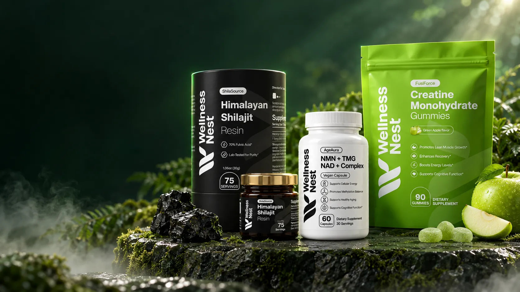 ShilaSource Himalayan Shilajit Resin tube and jar, AgeAura NMN + TMG NAD+ Complex bottle and FusiForce Creatine Monohydrate Gummies pouch on a mossy stone