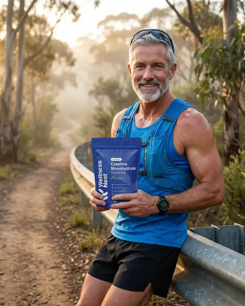 standing on a trail at golden hour holding the blue pouch at waist height