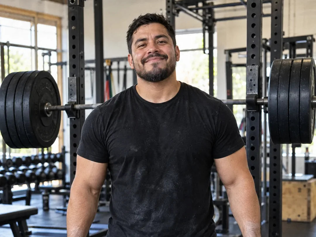 Marcus T., standing at the squat rack after re-racking a barbell, grinning (illustrative)