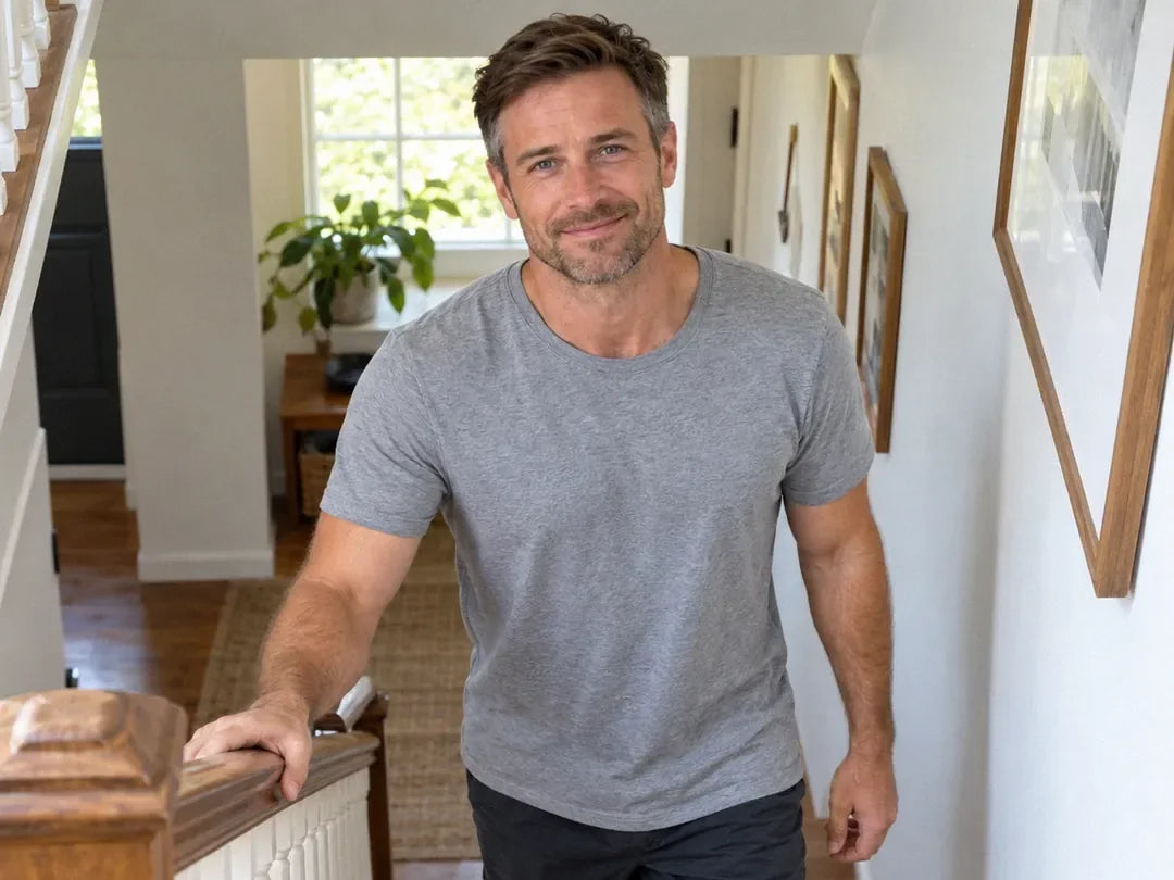 Chris M., walking down the stairs at home with one hand on the banister, relaxed (illustrative)