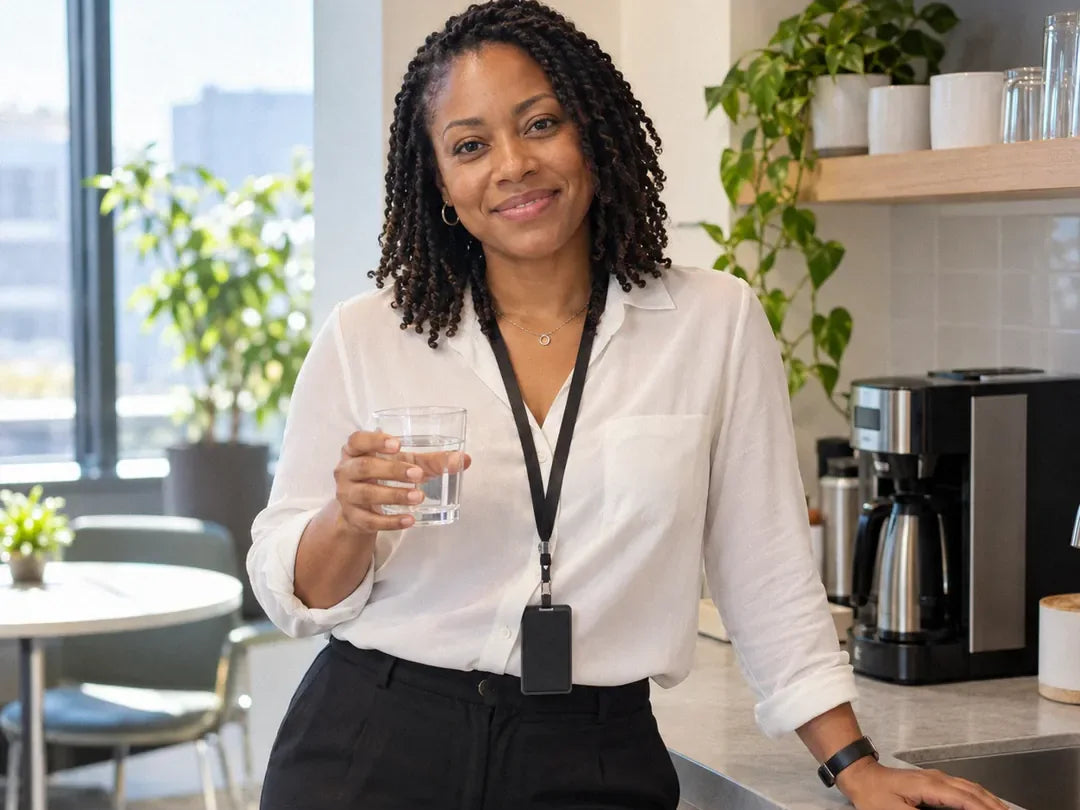 Alicia R., leaning on the office kitchenette counter with a glass of water, calm and alert (illustrative)