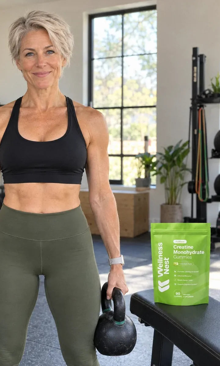 Increases Strength and Power: a woman of 52 holding a dumbbell in each hand at shoulder height in a home gym, the pouch on the bench beside her (illustrative)